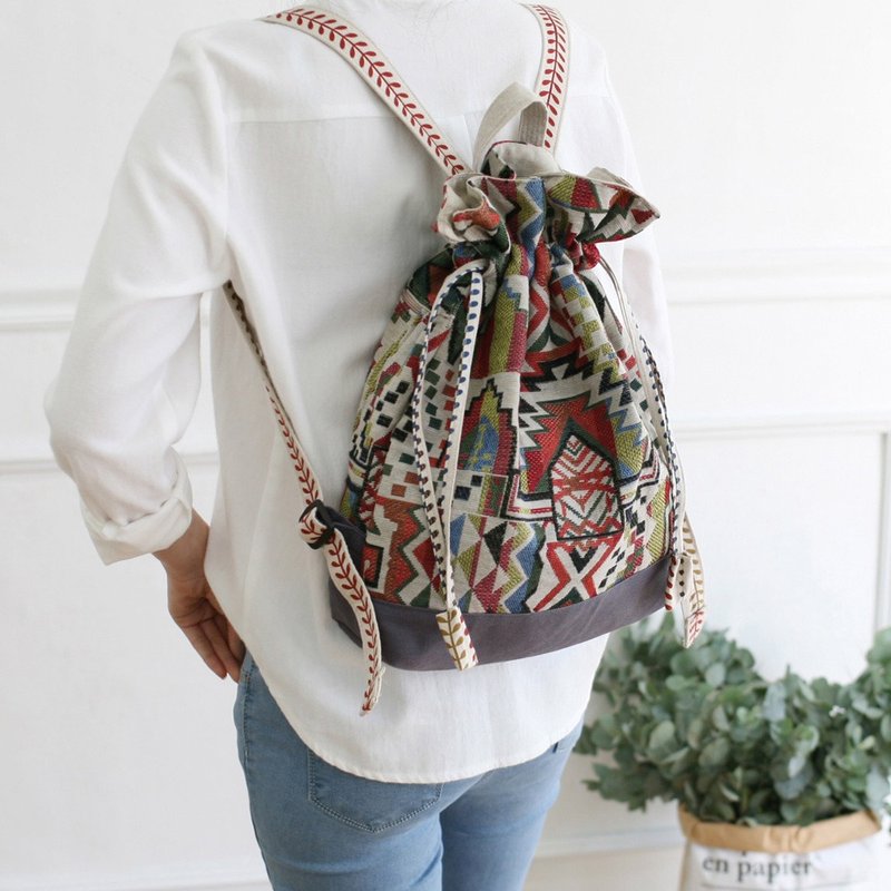 Jacquard Nordic pattern drawstring backpack - Drawstring Bags - Cotton & Hemp Multicolor