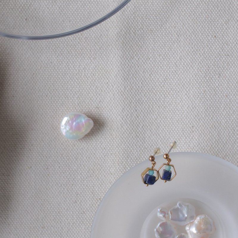 Natural Stone Geometric Earrings-Night Rain/Ear Pins/Clip/Customized - ต่างหู - คริสตัล สีน้ำเงิน