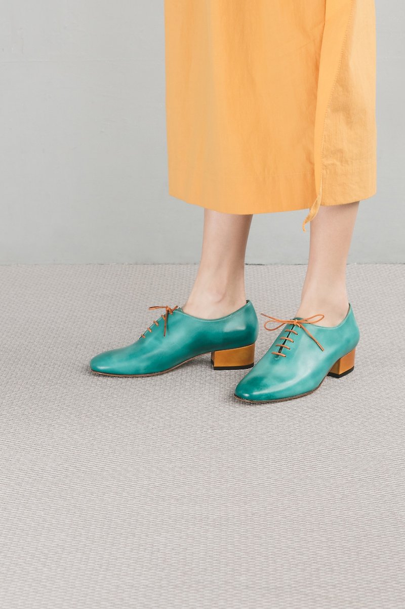 HTHREE 3.4 Round Head Dance Oxford Shoe / Water Scallion / Dance Oxford Heels - รองเท้าหนังผู้หญิง - หนังแท้ สีเขียว