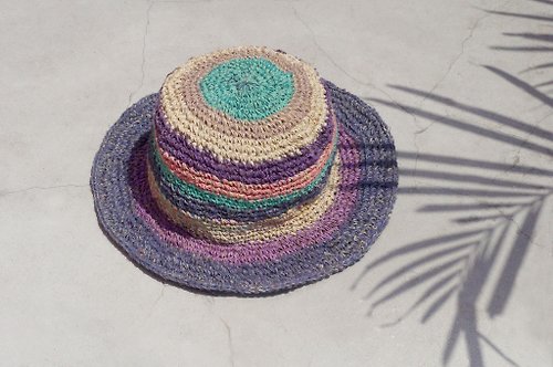 omhandmade 限量一件 手工編織棉麻帽/編織帽/漁夫帽/遮陽帽/草帽 - 藍莓 冰淇淋條紋 手織帽
