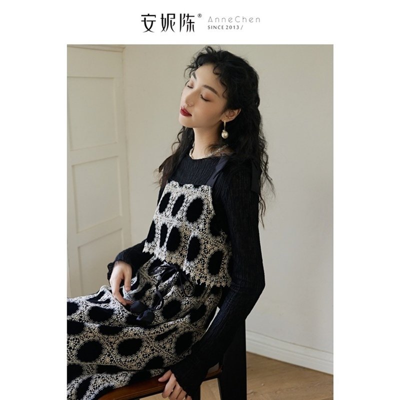 アニー・チェン 刺繍重工ドットバックルベルトワンピース 女性用 2025年春の新作 高級感のあるワンピース - ワンピース - その他の素材 ブラック