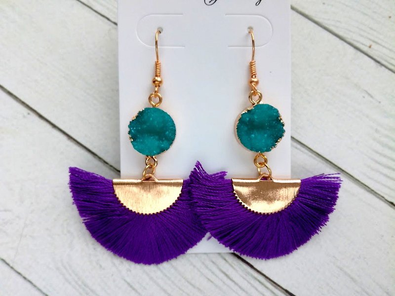 Silk fringe earrings Purple earring Silk tassel earrings Fan tassel Green druzy - Earrings & Clip-ons - Thread Purple