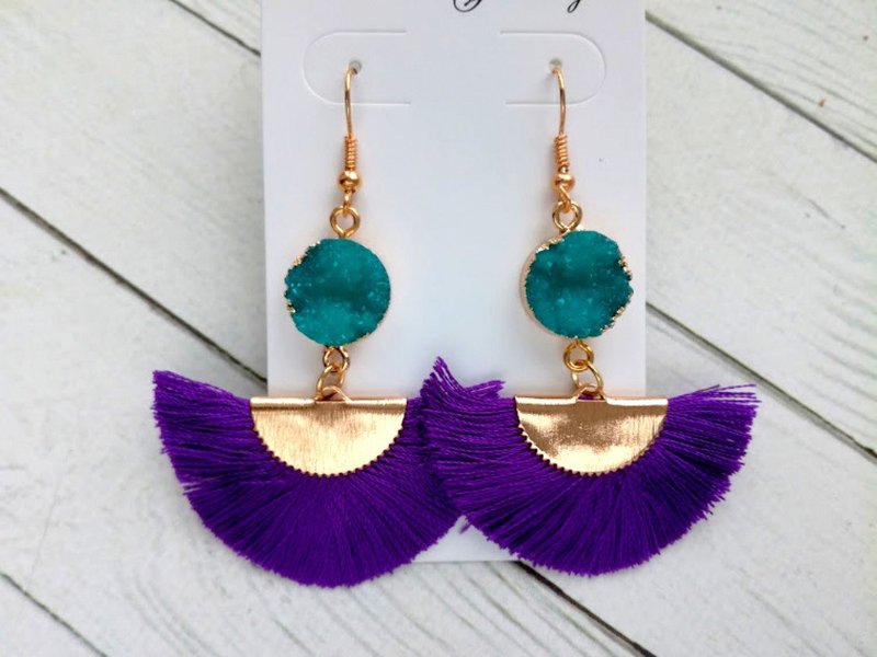 Silk fringe earrings Purple earring Silk tassel earrings Fan tassel Green druzy - Earrings & Clip-ons - Thread Purple