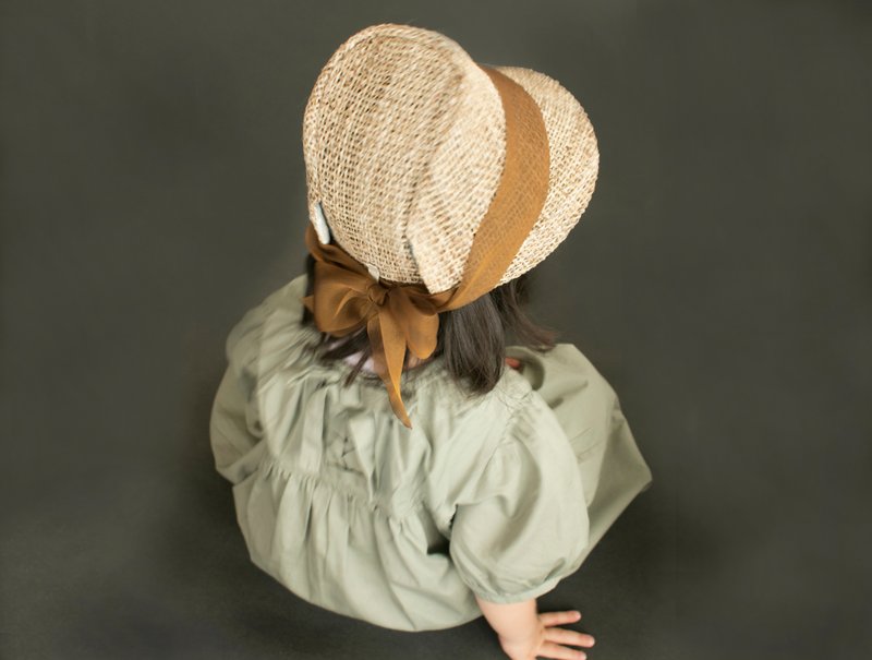 Straw hat [sheer ribbon Brown] Kids - หมวกเด็ก - ผ้าฝ้าย/ผ้าลินิน สีนำ้ตาล