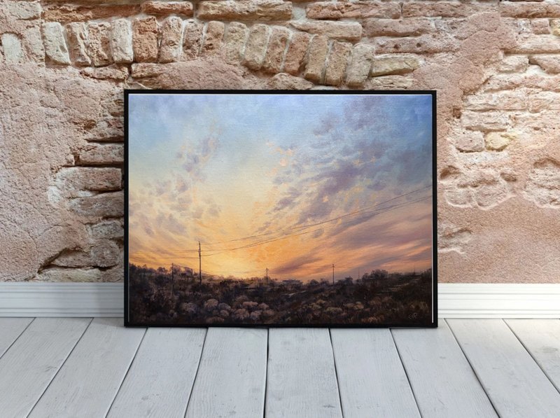 Sunset Oil Painting Original Sunrise Landscape - ตกแต่งผนัง - วัสดุอื่นๆ สีส้ม