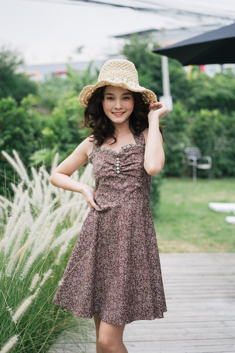 Floral Dress in Brown Vintage Retro Party Dress Halter Swing Skirt Cotton Dress - 連身裙 - 棉．麻 咖啡色