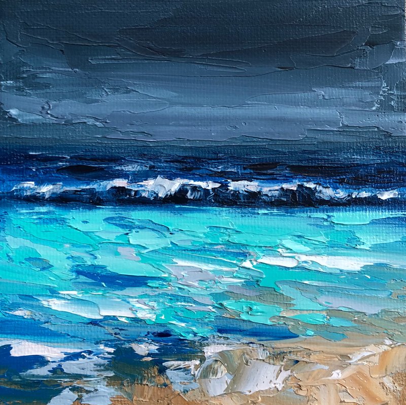 Original Seascape Oil Painting On Canvas Beach Ocean Art Textured Impasto Art - 壁貼/牆壁裝飾 - 棉．麻 多色
