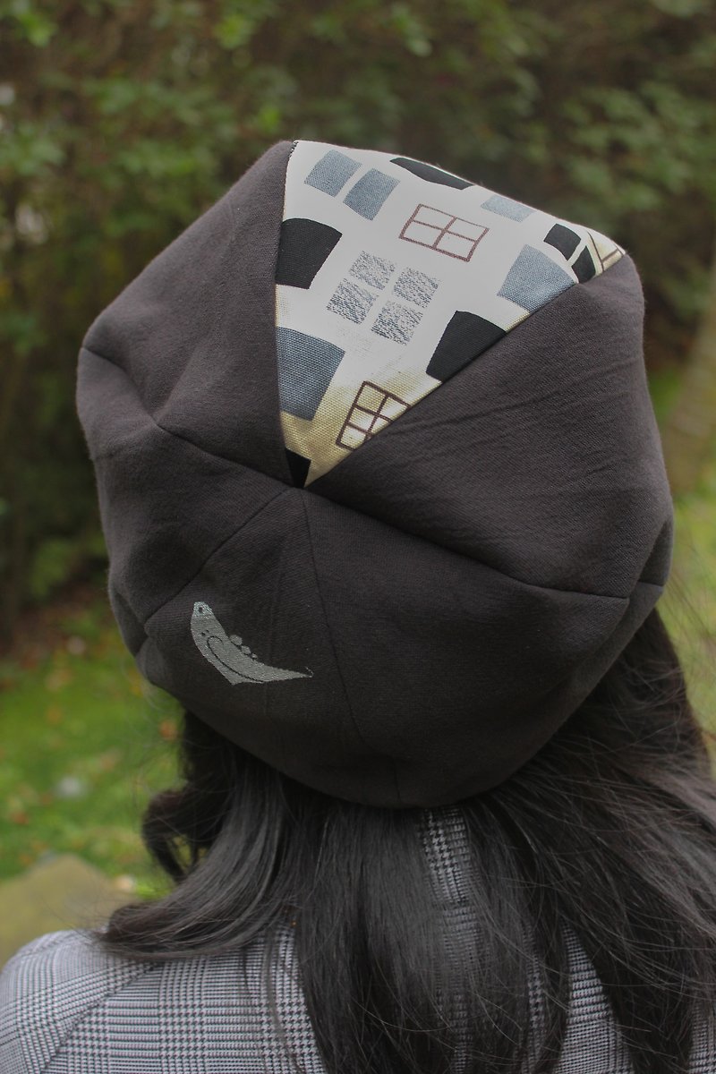 【Window Memory】Hand-printed beret/beret/painter hat - Hats & Caps - Cotton & Hemp Gray