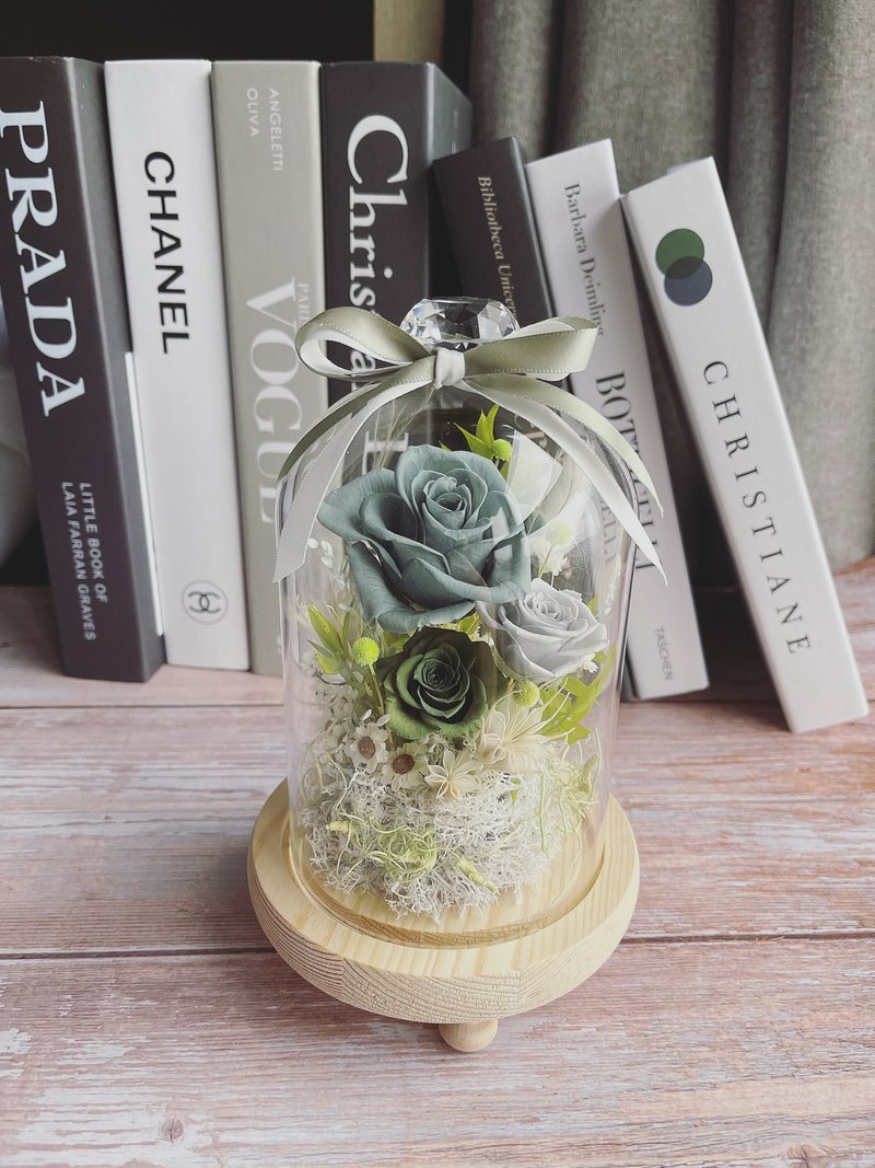 Preserved Flowers - Morandi Green Permanent Flower Rose Night Light Glass Shade Birthday Gift Valentine's Day Gift - ช่อดอกไม้แห้ง - พืช/ดอกไม้ 