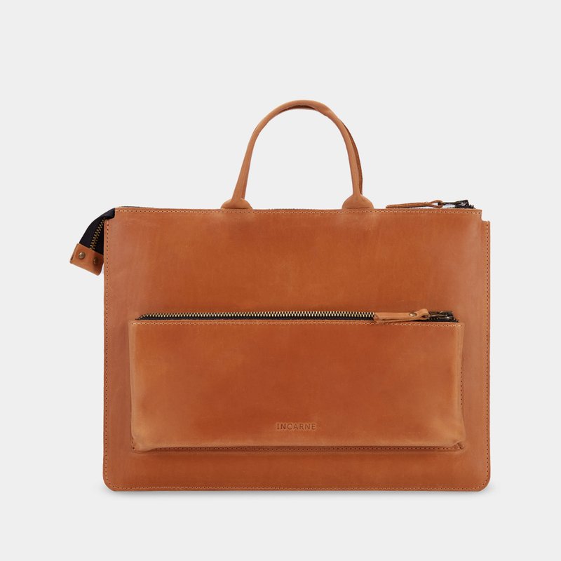 白蘭地色皮革筆電保護套附提把 – 真皮筆電包 - 電腦包/筆電包 - 真皮 橘色