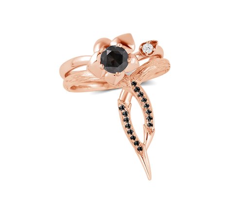Majade Jewelry Design 黑鑽石14k金訂婚結婚戒指套裝 花卉玫瑰金戒指組合 蘭花藤蔓戒指
