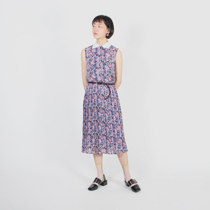 [Egg Plant Vintage] White-collar Beauty Print Sleeveless Vintage Dress - One Piece Dresses - Polyester Purple