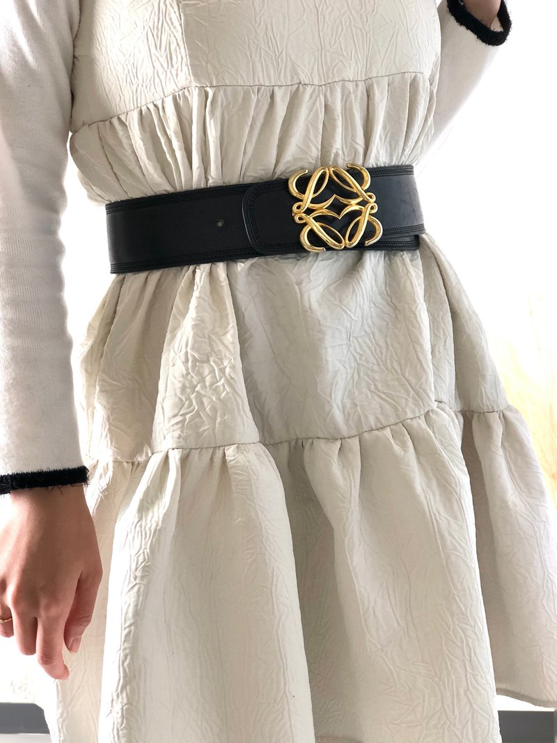 [Directly shipped from Japan, used packaging] LOEWE Anagram leather belt black vintage vintage old uszftn - เข็มขัด - หนังแท้ สีดำ