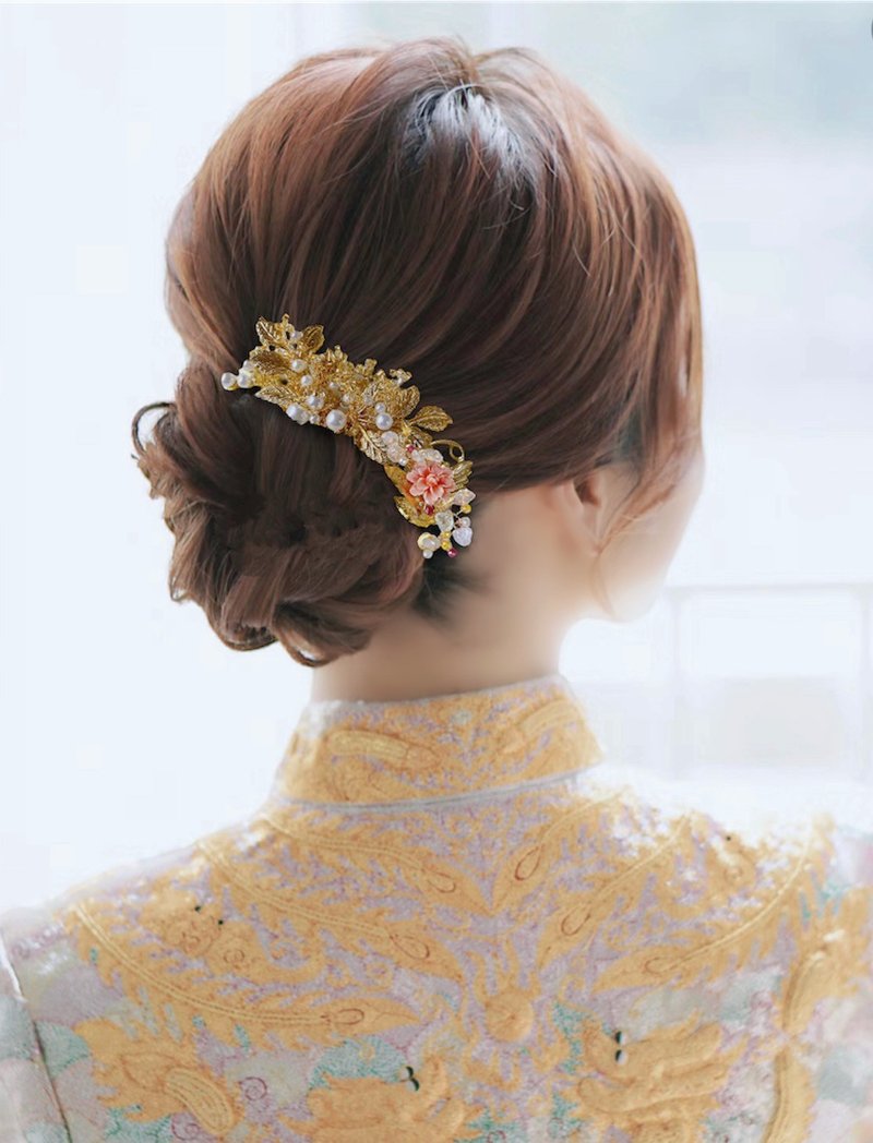 金葉子髮飾套裝/手作新娘髮飾/手作飾品/新娘頭飾 - 髮夾/髮圈 - 其他金屬 金色