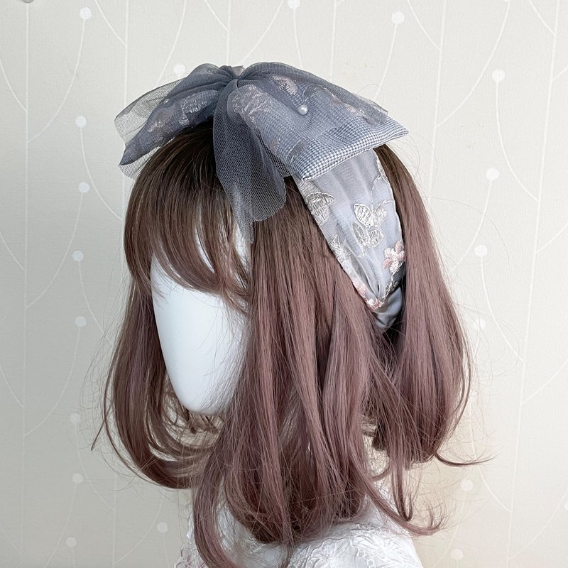 灰/ 夢幻格紋刺繡雪紗珍珠鬆緊帶髮帶 領巾 - 髮箍/髮帶 - 其他材質 灰色