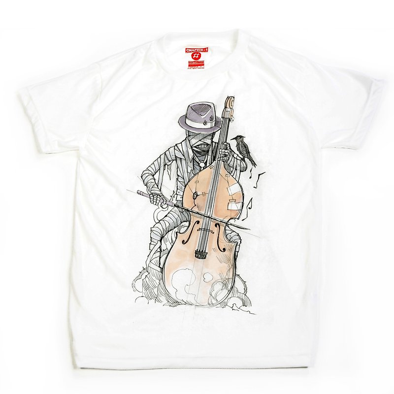 Mummy play cello soft unisex men woman cotton mix Chapter One T-shirt - T 恤 - 棉．麻 白色