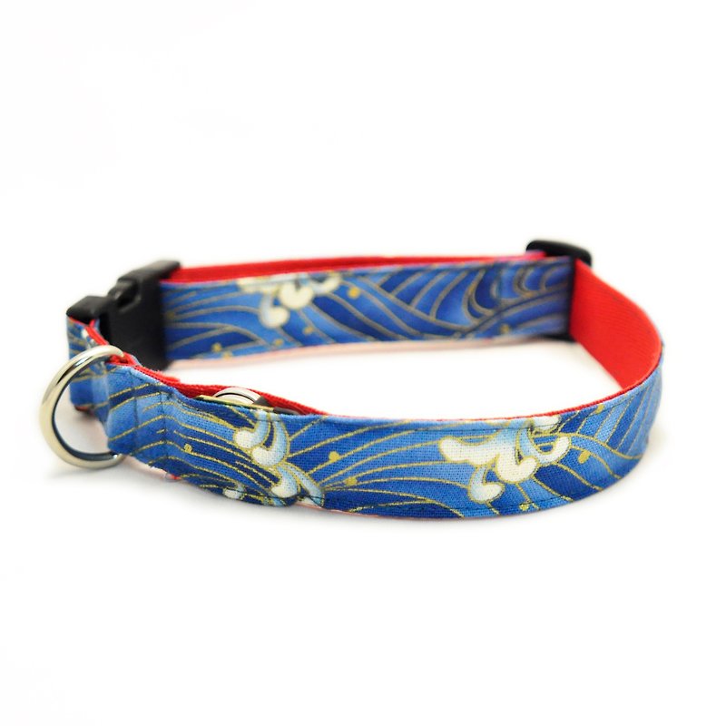 Togo寵物發光項圈-日式藍色海浪款 狗項圈 項圈 - 項圈/牽繩 - 棉．麻 藍色