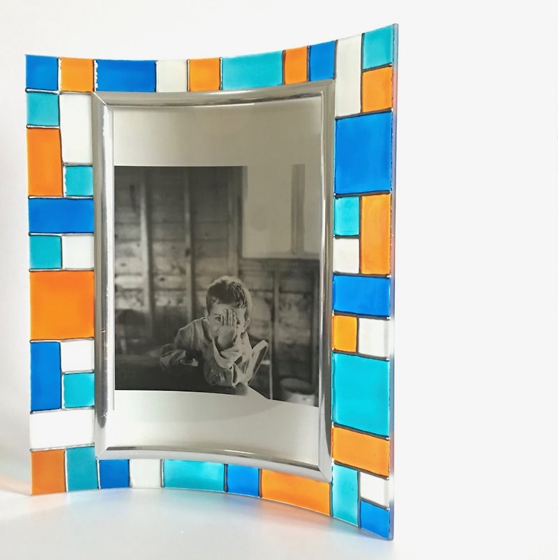 Turquoise Blue Orange Colour Blocks Art Deco Retro Photo Frame - Picture Frames - Glass Multicolor