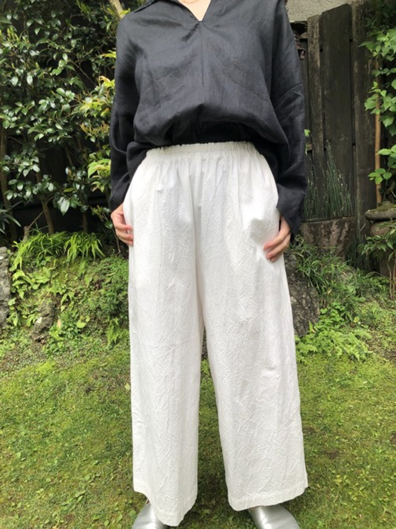 綿ウォッシャーワイドパンツ 白 - 女長褲 - 棉．麻 