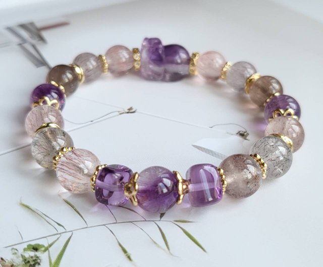 プレジオ様　週末セール　スーパーセブン貔貅ブレスレット 桃の花と貴人開運・金食い獣パープル貔貅スーパーセブン