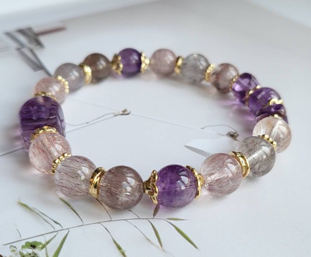 スーパーセブン　サンストーン　貔貅　ヒキュウ　デザインブレスレット 桃の花と貴人開運・金食い獣パープル貔貅スーパーセブン