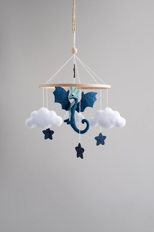 DecorOfFelt Dragon baby mobile, cloud crib mobile for baby boy