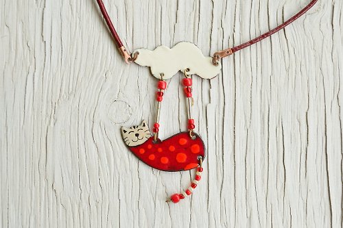 Miska Cat necklace, Enamel necklace, Spotty cat, Polka dot, Cat jewelry, Cat And Cloud