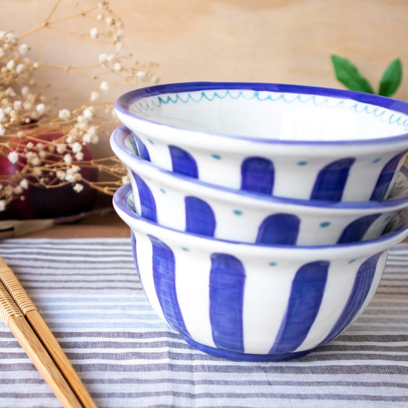 Cyan blue striped bowl - Bowls - Pottery Multicolor