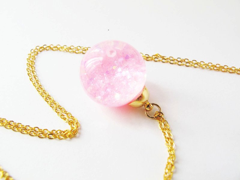 * Rosy Garden * Cherry blossom pink glitter with water inside snow flakes glass ball pendant necklace - สร้อยติดคอ - แก้ว สึชมพู