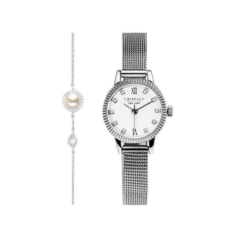 Small Mesh Band Watch and Silver Pearl Bracelet Set - Women's Watches - Other Metals Multicolor