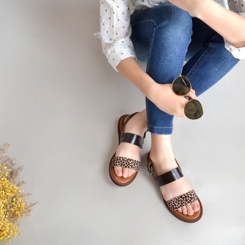 169 Leopard Print Coffee Handmade Sandals - Sandals - Genuine Leather 