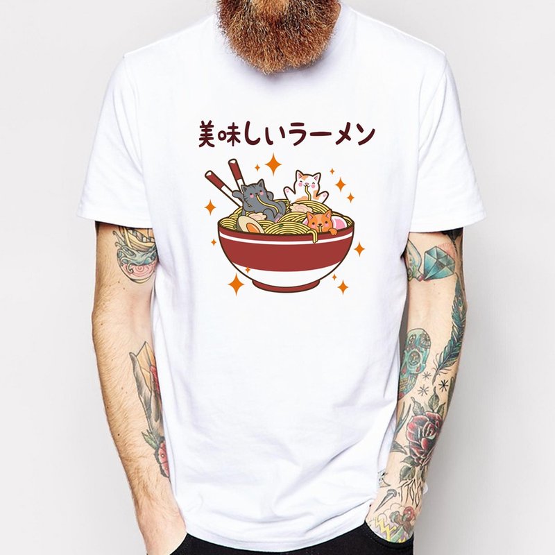 美味的拉麵 中性短袖T恤 白色 食物美食日本日文禮物貓咪快速出貨 - 男 T 恤 - 棉．麻 白色