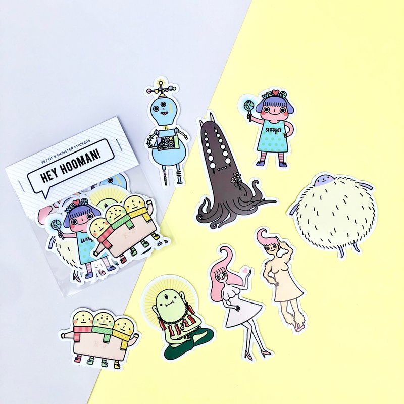 Hey, Hooman! Sticker Pack | Set of 8 waterproof, monster stickers - Stickers - Paper Multicolor