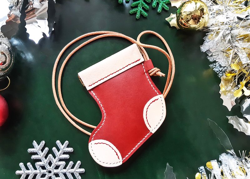 Christmas stocking good seam card holder card holder leather material bag free name engraved Christmas gift DIY - เครื่องหนัง - หนังแท้ สีแดง