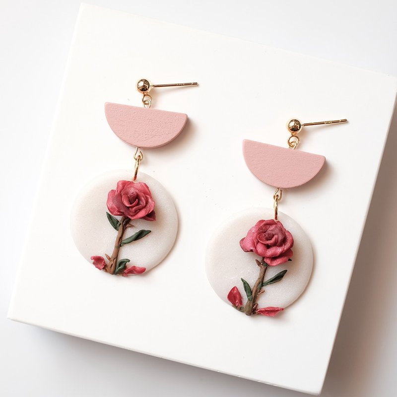 Soft pottery earring earrings classic retro sparkle white metal round three-dimensional flower red rose gift - Earrings & Clip-ons - Clay Red