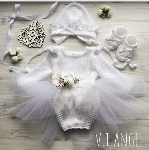 V.I.Angel Hand knit white romper, tutu skirt, hat and booties for baby girl.