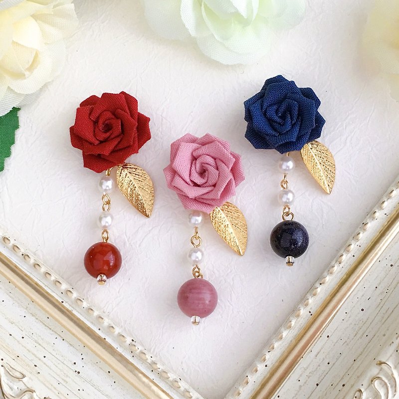 Rose and natural stone earrings or Clip-On knob work - Earrings & Clip-ons - Cotton & Hemp Red