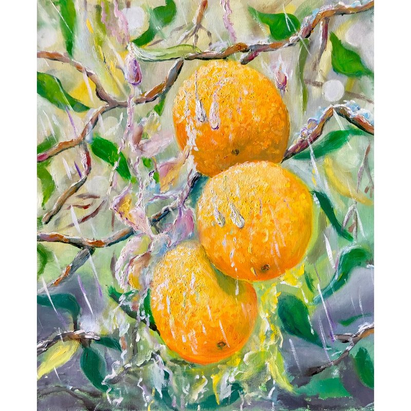 Orange Painting, Hand Painted Fruit Tree, Green Plant, Orange on a Branch  原創油畫 - โปสเตอร์ - ผ้าฝ้าย/ผ้าลินิน 