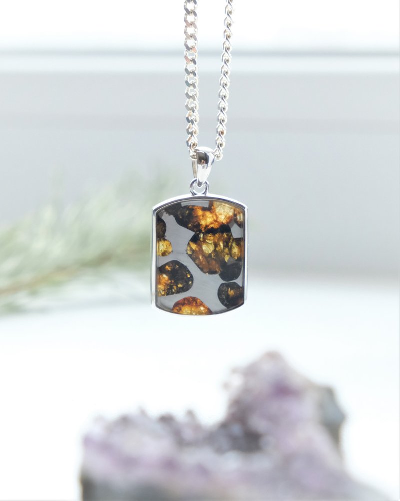 Pallasite dogtag pendant made with Sericho Meteorite - Necklaces - Silver 