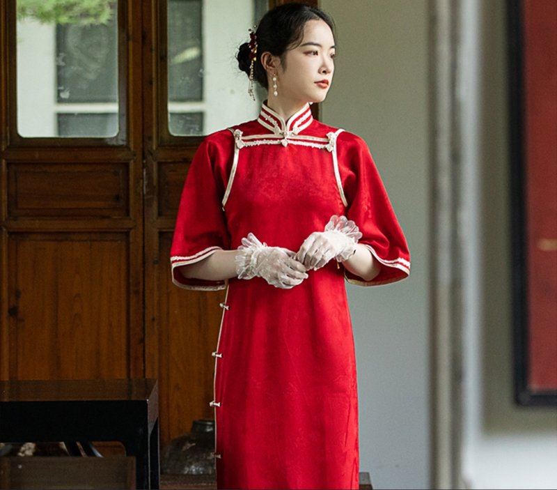 Wanyue new Chinese retro high-end daily ancient cheongsam wedding toast dress - Qipao - Other Materials Red