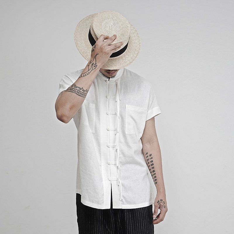 棉麻復古廓形中國風立領唐裝短袖中式盤扣襯衫 - 男裝 恤衫 - 棉．麻 白色