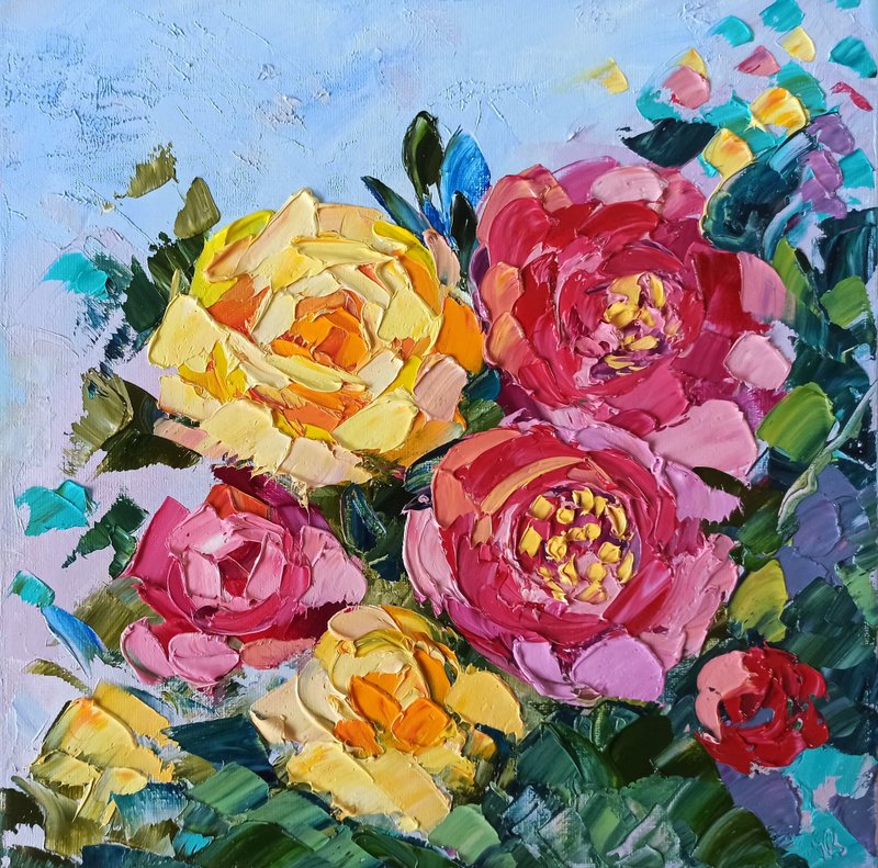 Pink Roses Painting Flowers Original Art Impasto Oil Painting on Canvas 30x30cm - 壁貼/牆壁裝飾 - 其他材質 