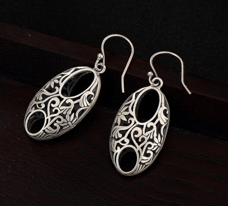 S999 Fine Silver Women Retro Ethnic Oval Dangle Earrings Palace Designer Jewelry - Earrings & Clip-ons - Sterling Silver Silver