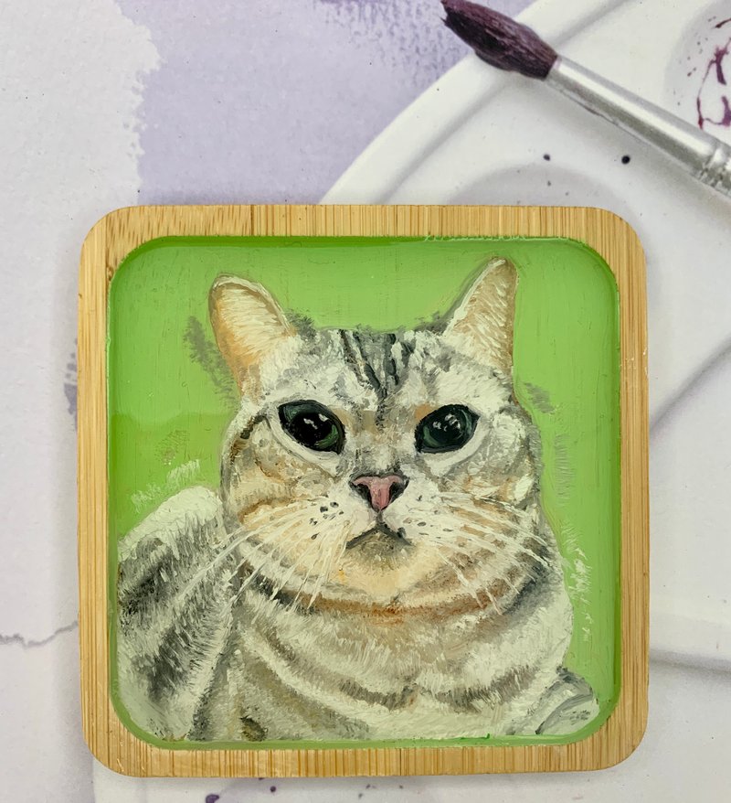 Customized pet coaster 9*9*1cm handmade oil portrait - Customized Portraits - Wood 