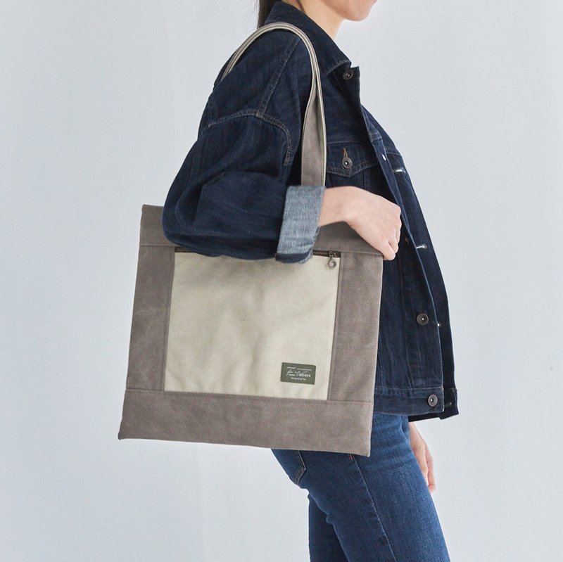 A4 Color Matching Washed Canvas Zipper Bag (Iron Gray) - Handbags & Totes - Cotton & Hemp Gray