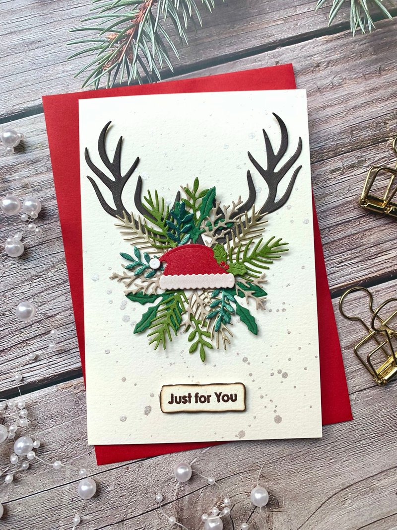 聖誕卡片Christmas Card_麋鹿角聖誕帽 - 卡片/明信片 - 紙 白色