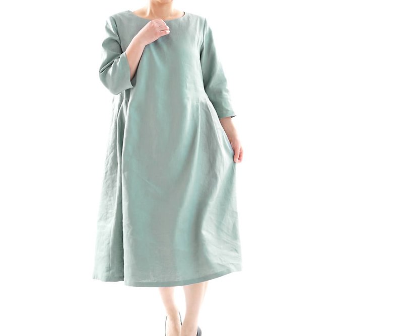 linen dress with tucks on the side / 3/4 three-quarter sleeves a1-17 - One Piece Dresses - Cotton & Hemp Green