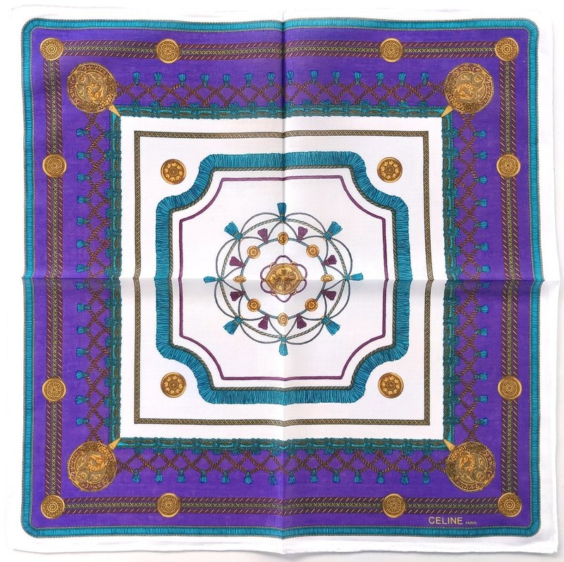 Celine Paris Vintage Handkerchief Luxury Tiebacks Knots Coins 18.5 x 18.5 inches - 手帕 - 棉．麻 藍色