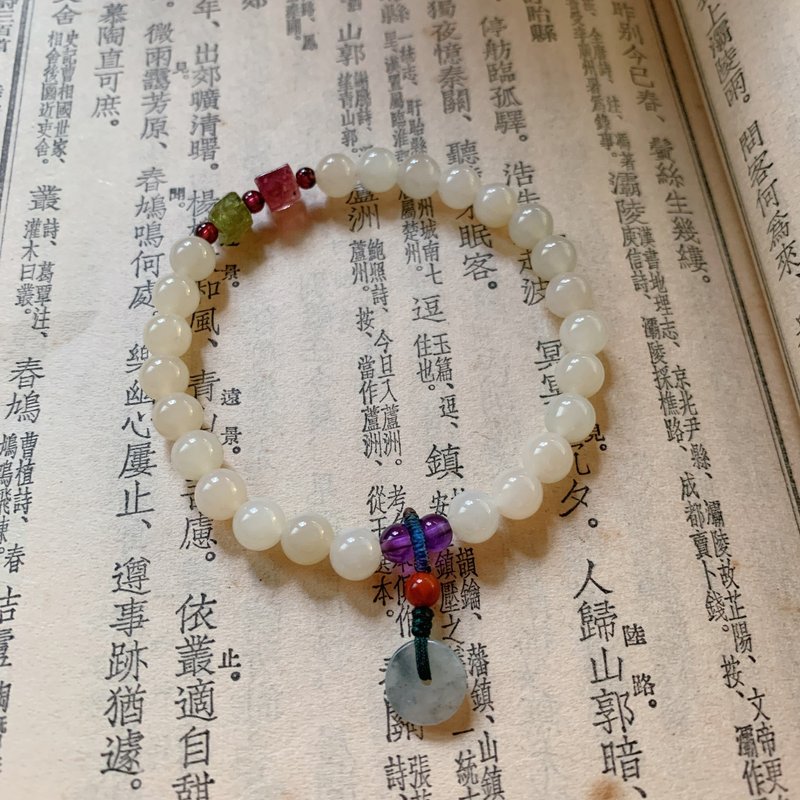 宜相照。天然藕粉和田玉6mm手鏈 翡翠小平安扣編織 碧璽石榴石 - 手鍊/手環 - 玉石 粉紅色