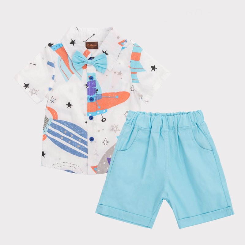 Charles series space shirt green bow tie shorts set - Kids' Dresses - Cotton & Hemp 